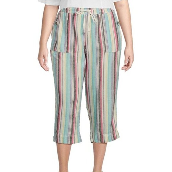 Westbound The Island Crop Pants Linen Straight Leg Stripes Cargo Pockets 3X NEW - Picture 1 of 10